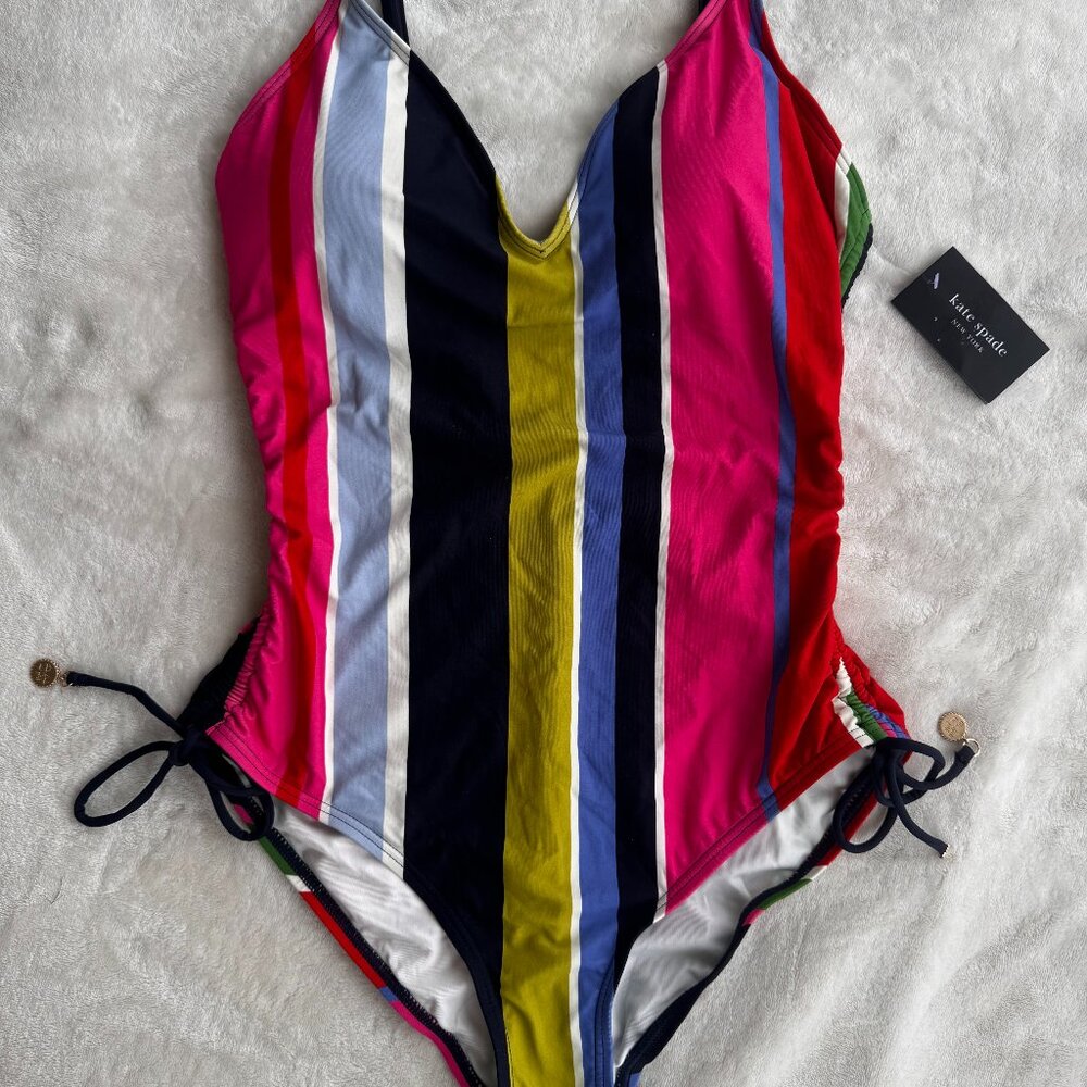 NWT $155 Kate Spade New York Sunny Day Stripe Print One Piece Swimsuit Size L